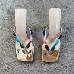 SHEIN Gold Slide Heels with Multicolor Bead Accents